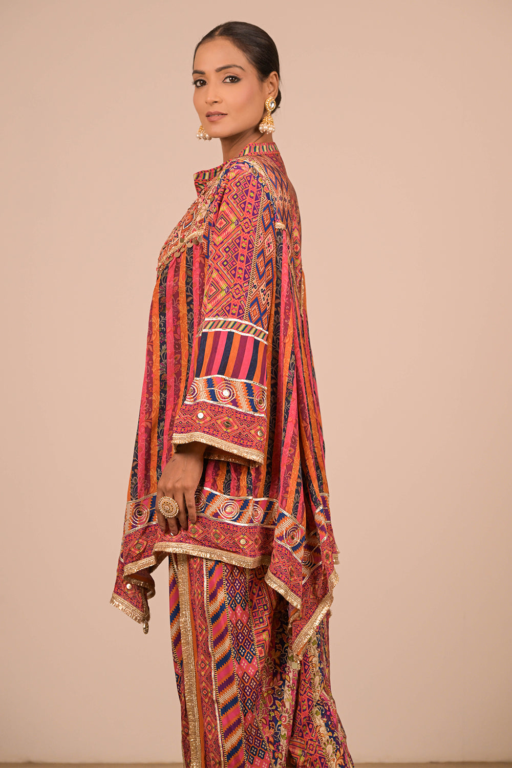 Orange Viscose Crepe Suit Set with Tulip Pants & Tote Bag