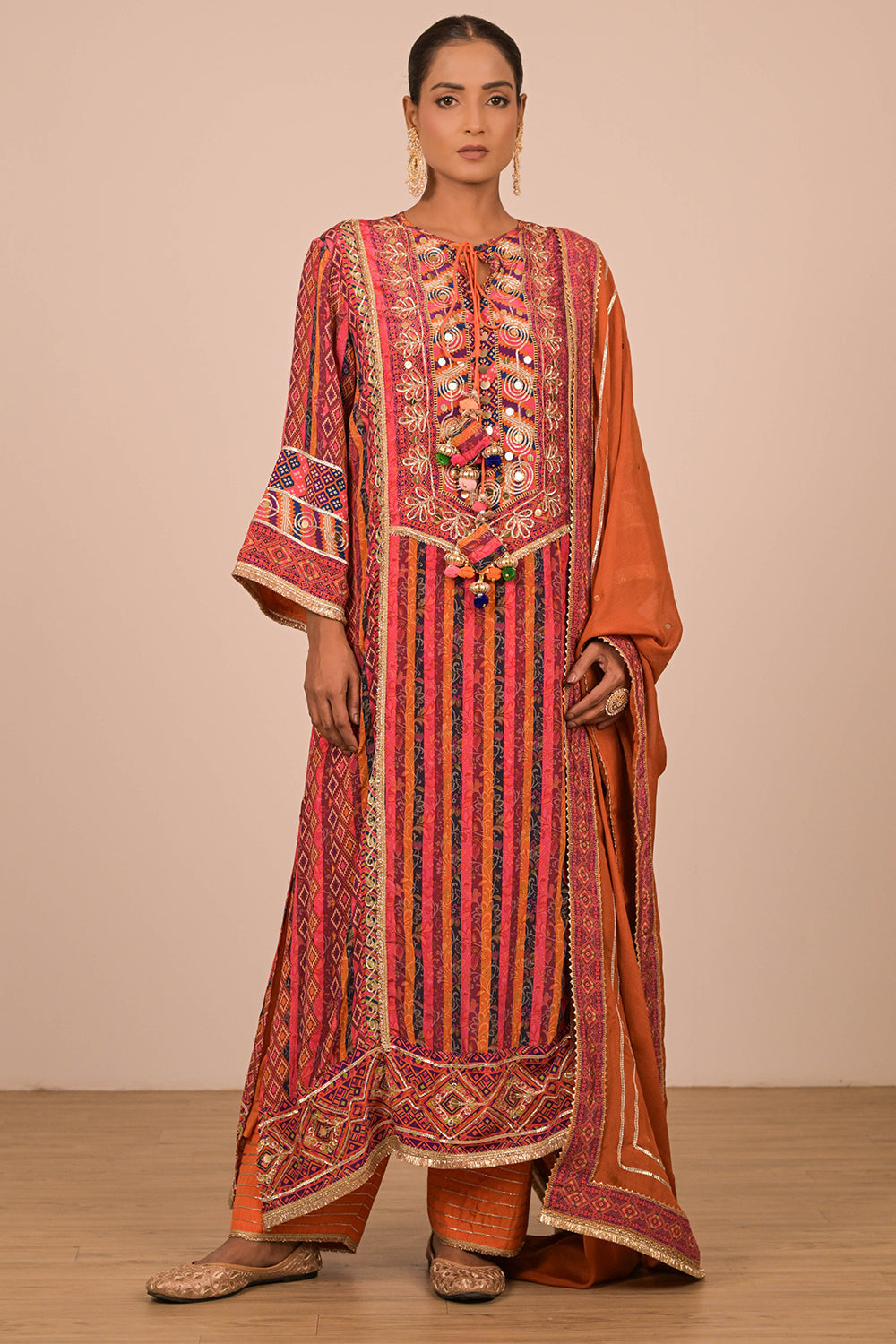 Orange Embroidered Crepe A-Line Suit with Tote Bag