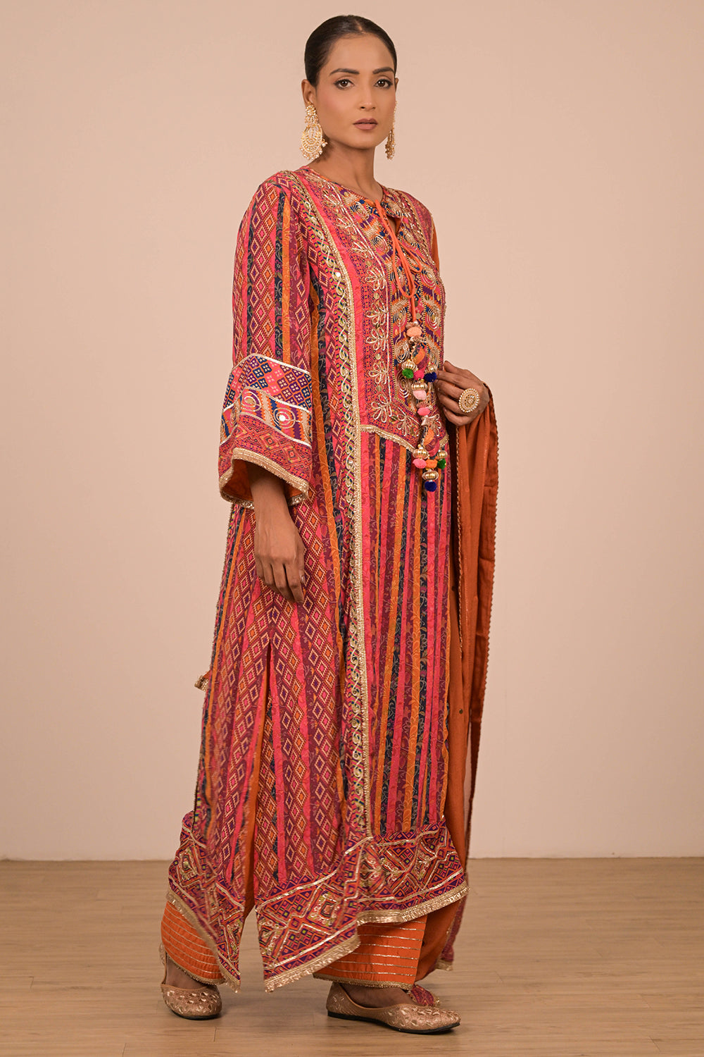 Orange Embroidered Crepe A-Line Suit with Tote Bag
