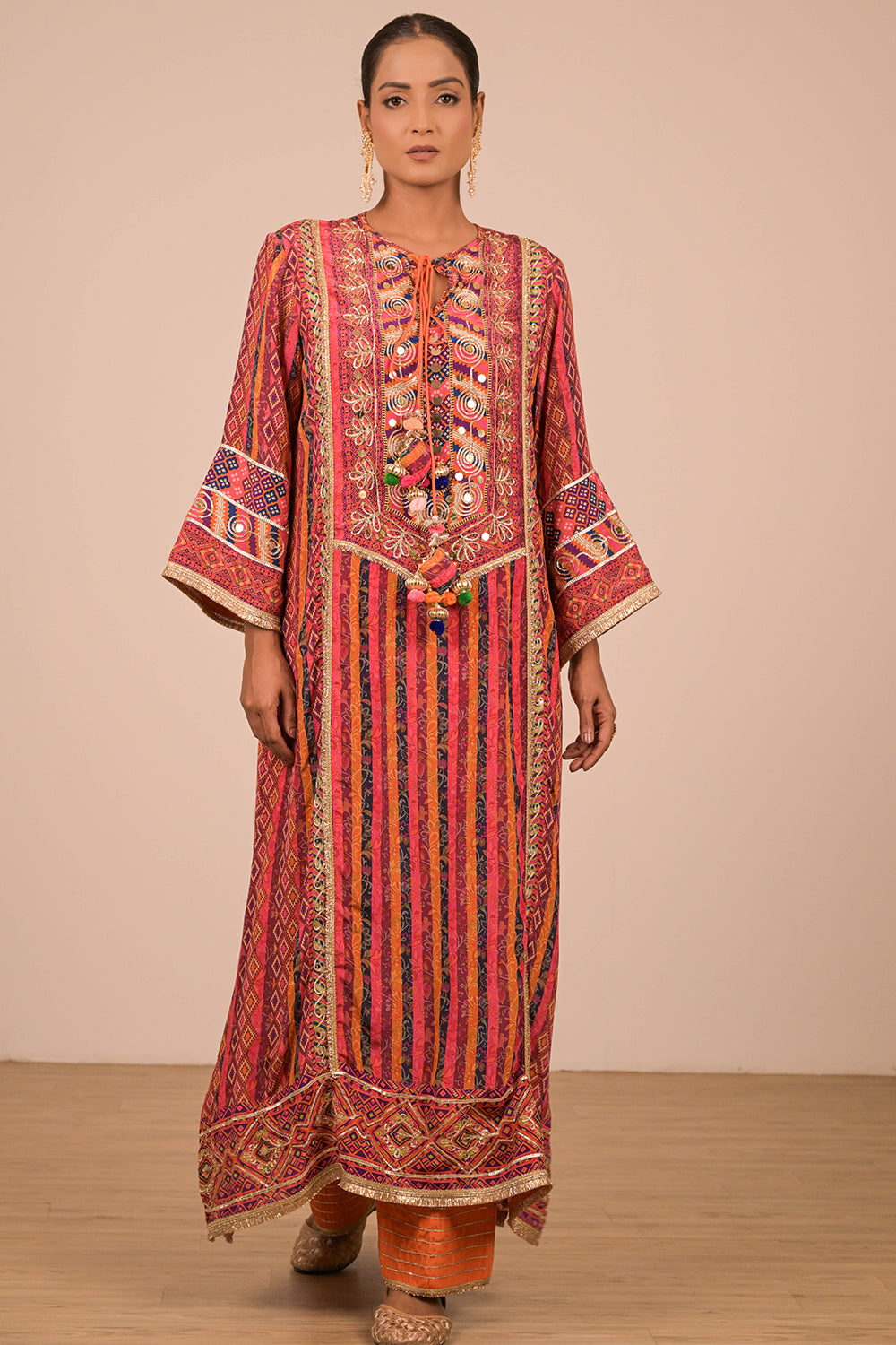 Orange Embroidered Crepe A-Line Suit with Tote Bag