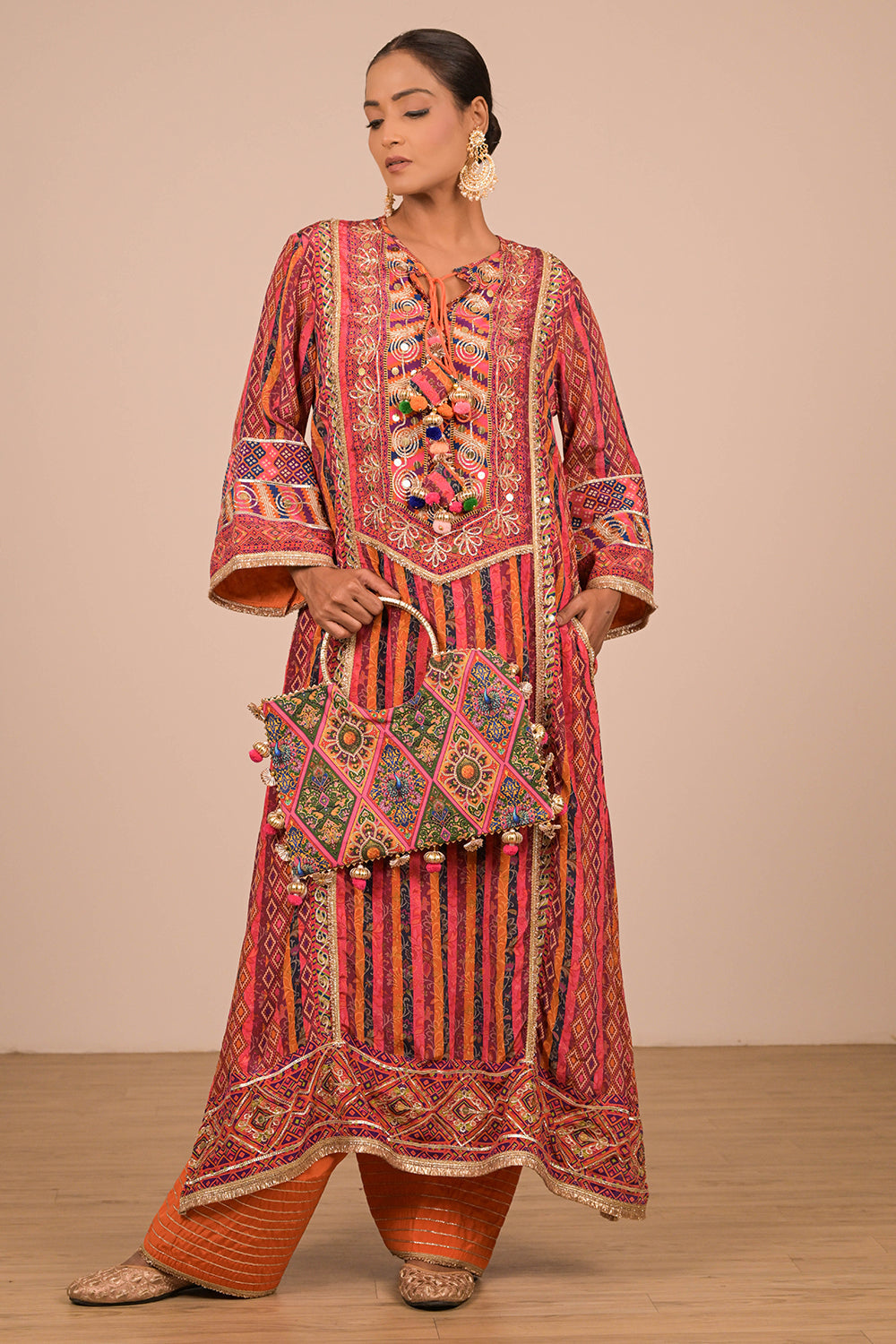 Orange Embroidered Crepe A-Line Suit with Tote Bag