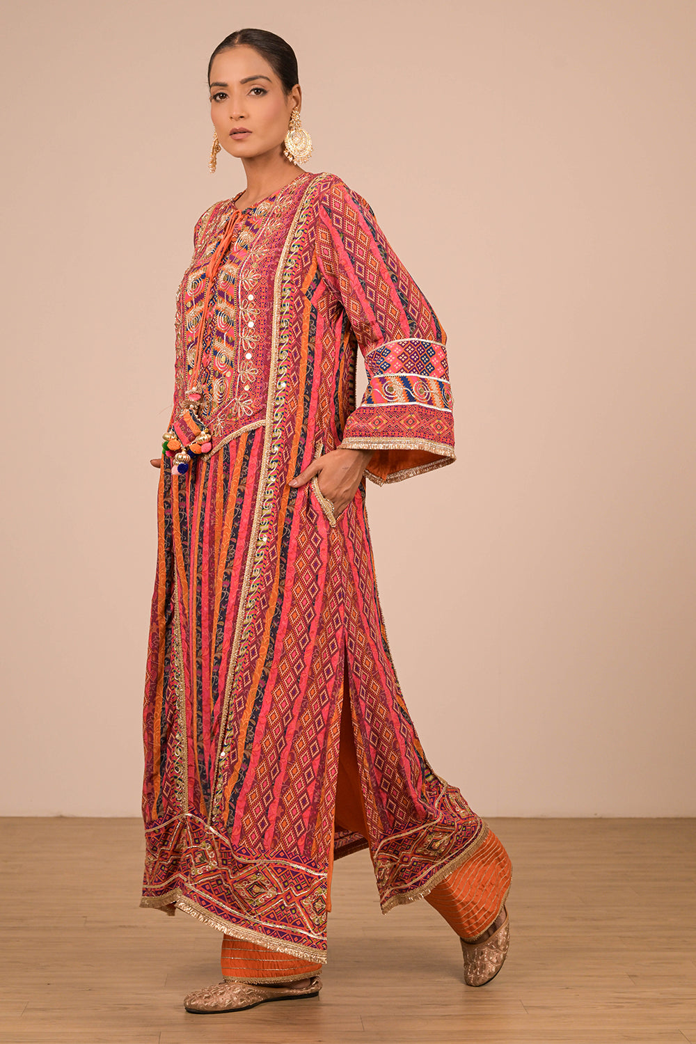 Orange Embroidered Crepe A-Line Suit with Tote Bag