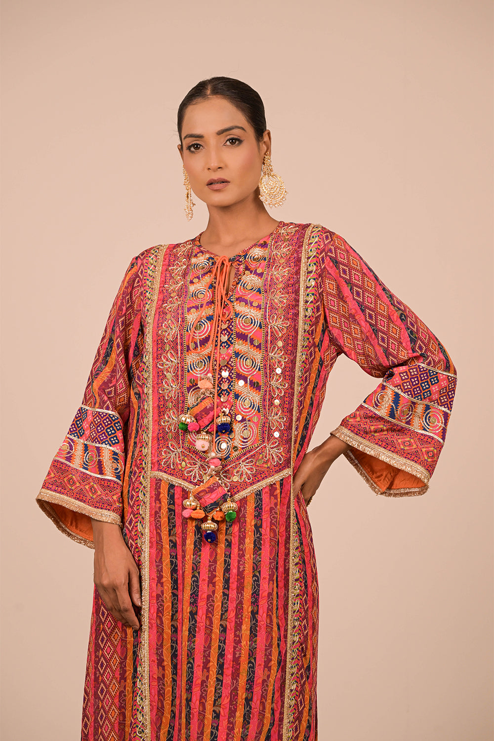 Orange Embroidered Crepe A-Line Suit with Tote Bag