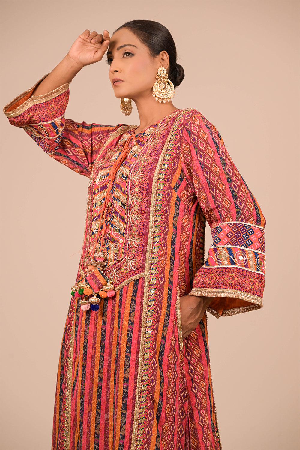 Orange Embroidered Crepe A-Line Suit with Tote Bag