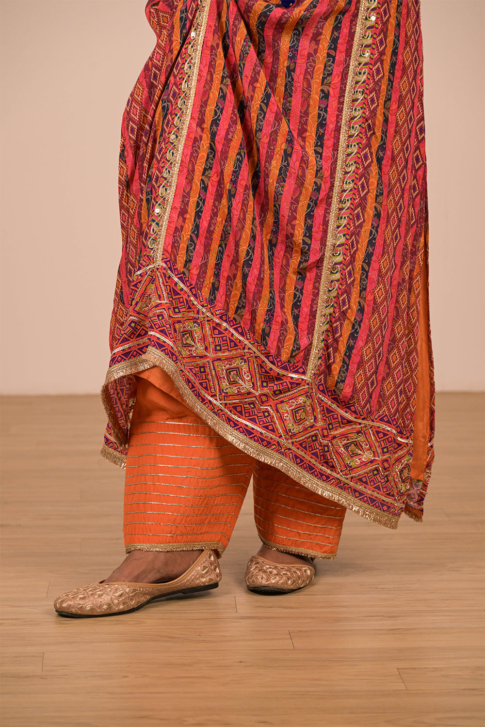 Orange Embroidered Crepe A-Line Suit with Tote Bag
