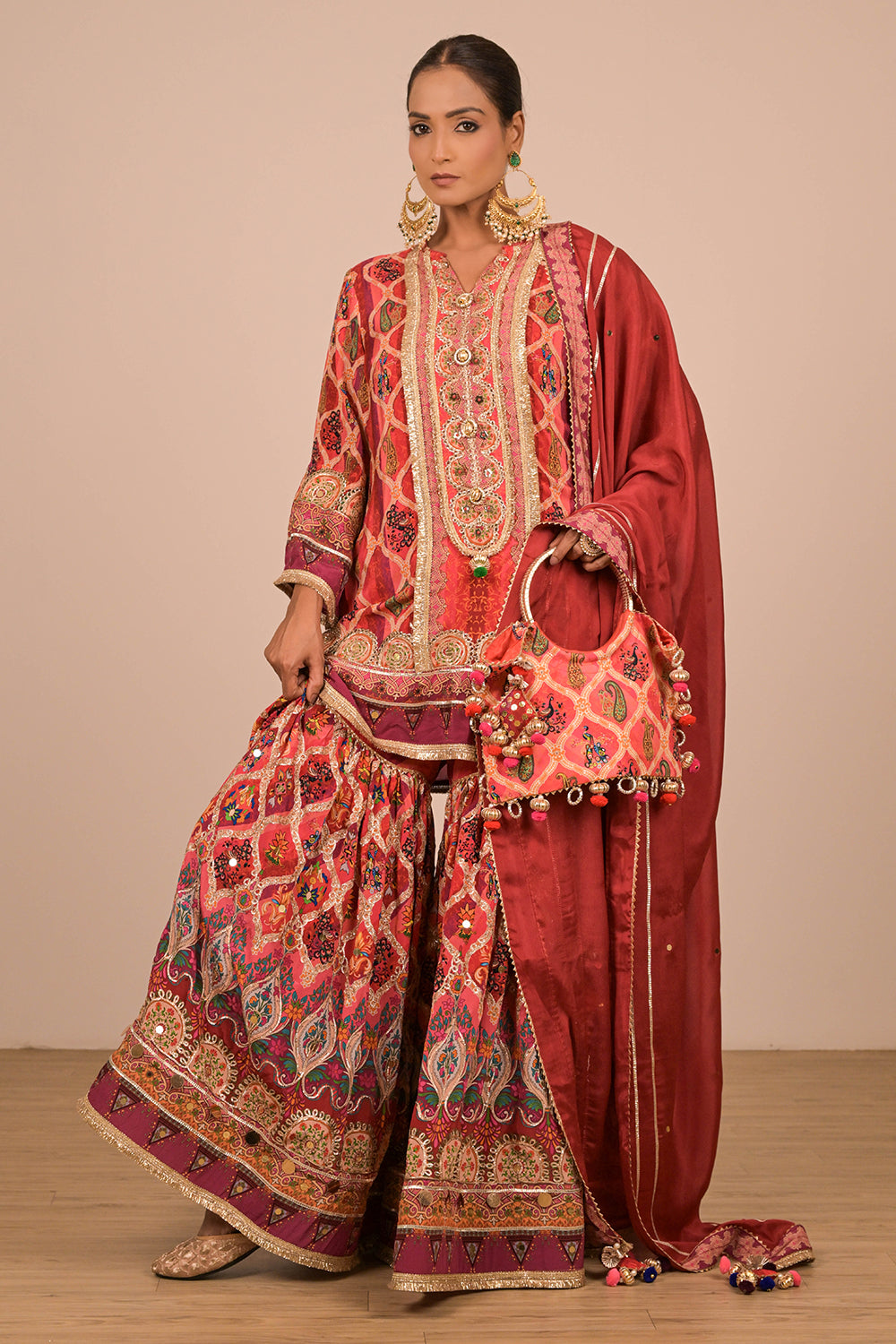 Persian Red Crepe Sharara Set with Canvas Tote Bag with Vibrant Print Motifs