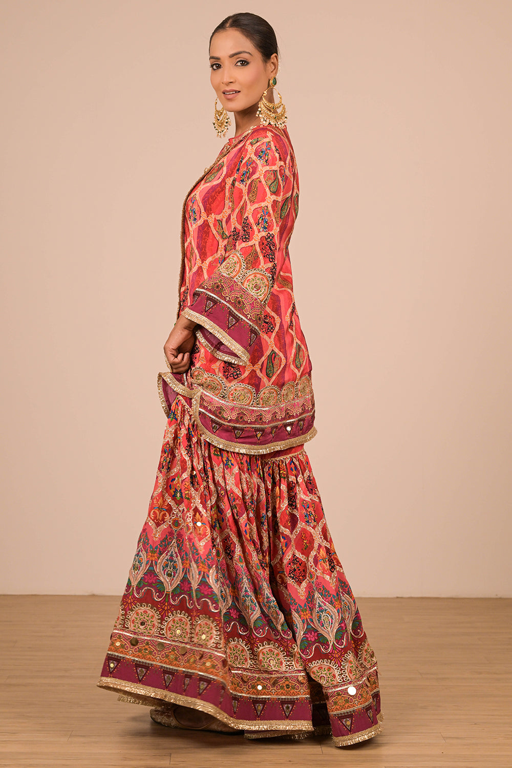 Persian Red Crepe Sharara Set with Canvas Tote Bag with Vibrant Print Motifs