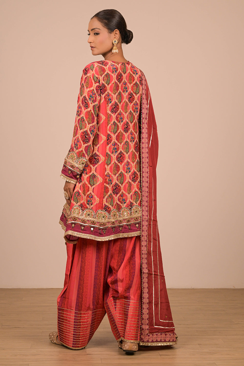 Persian Red Viscose Crepe Suit Set with Farsi Salwar for Mehendi