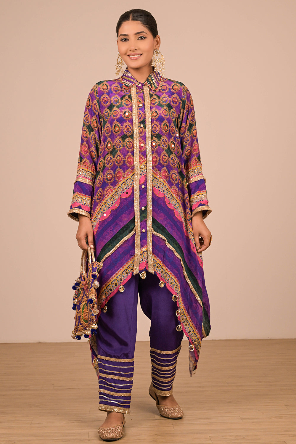 Purple Asymmetric Hem Kurta Set In Crepe Fabric with Canvas Tote Bag