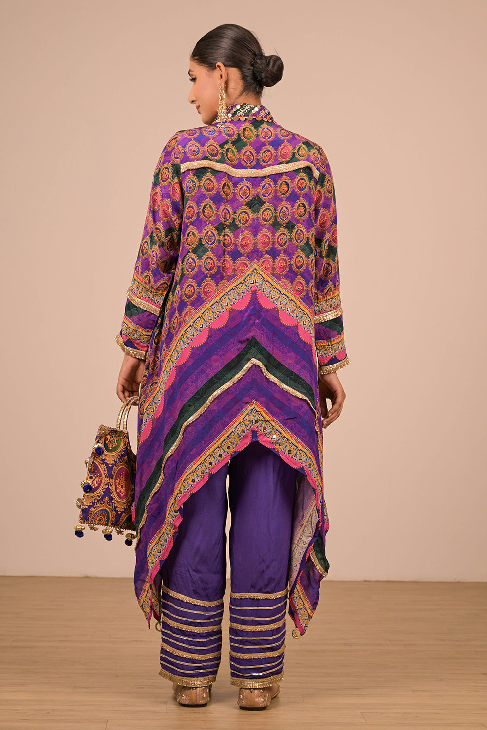 Purple Asymmetric Hem Kurta Set In Crepe Fabric with Canvas Tote Bag