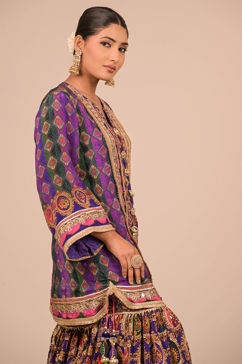 Purple Crepe Sharara Set with Canvas Tote Bag with Vibrant Print Motifs