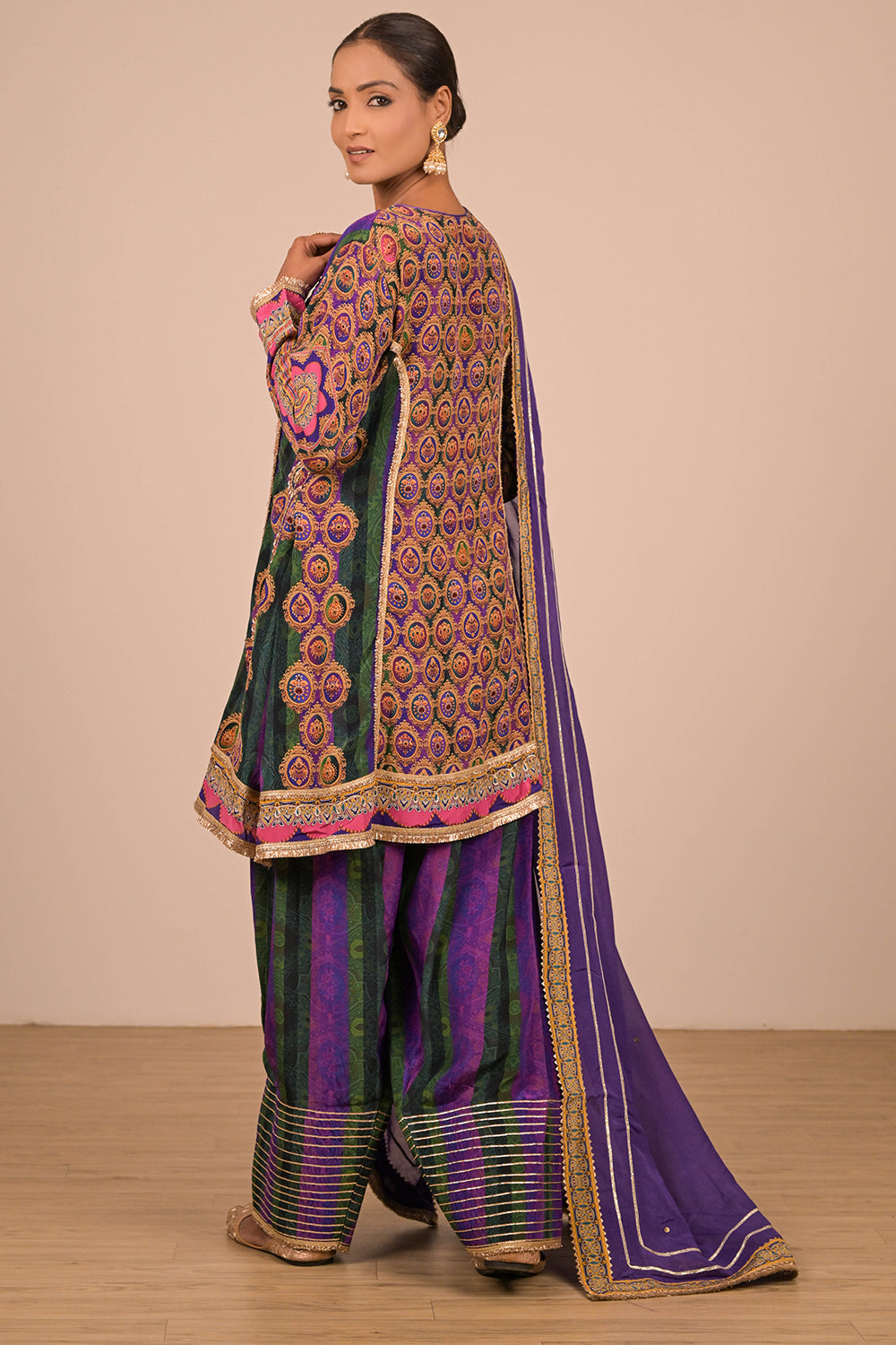 Purple Crepe Suit Set with Farsi Salwar with Canvas Tote Bag