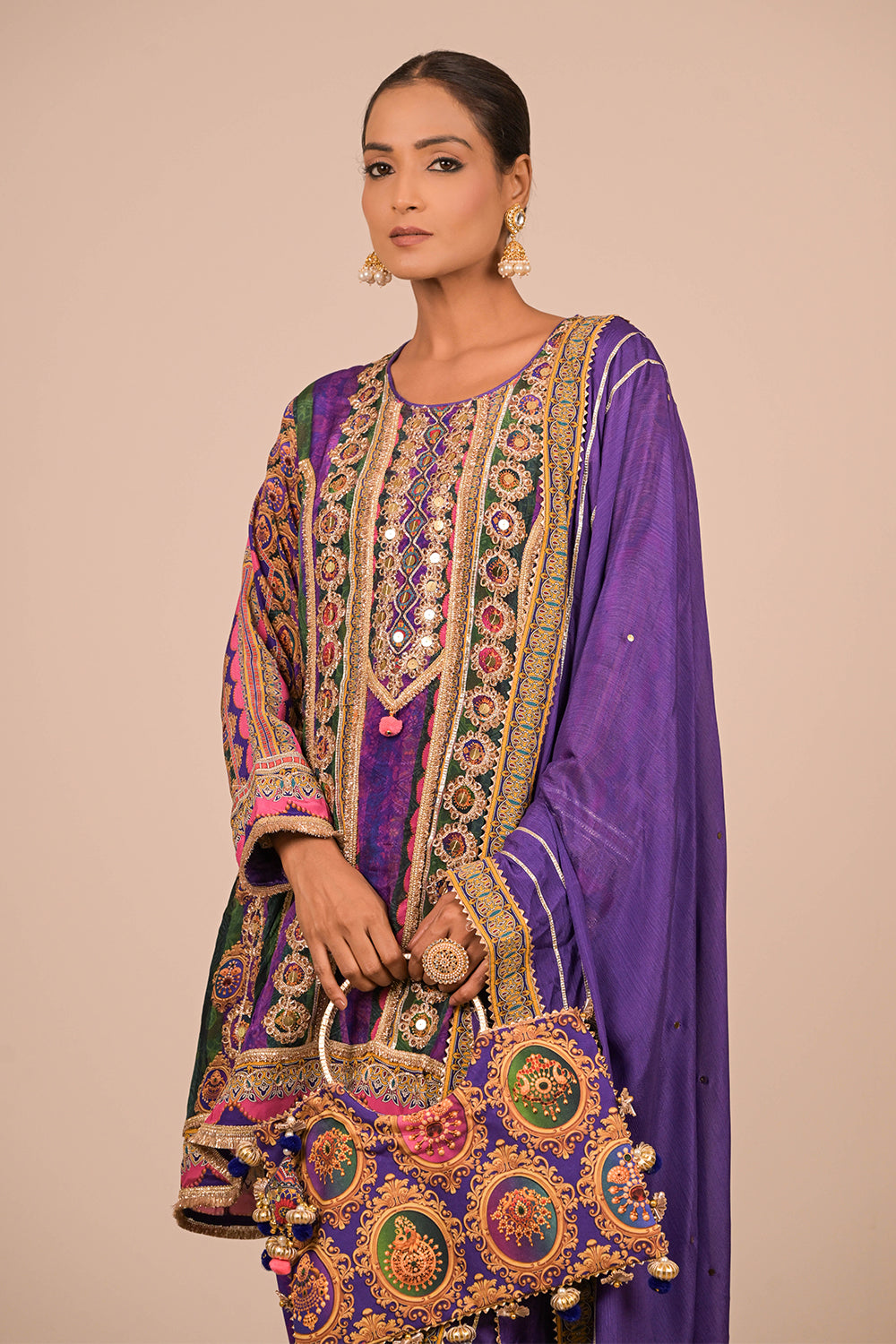 Purple Crepe Suit Set with Farsi Salwar with Canvas Tote Bag