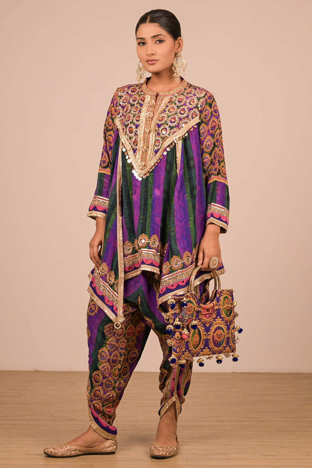 Purple Viscose Crepe Suit with Tulip Pants & Mirror Work