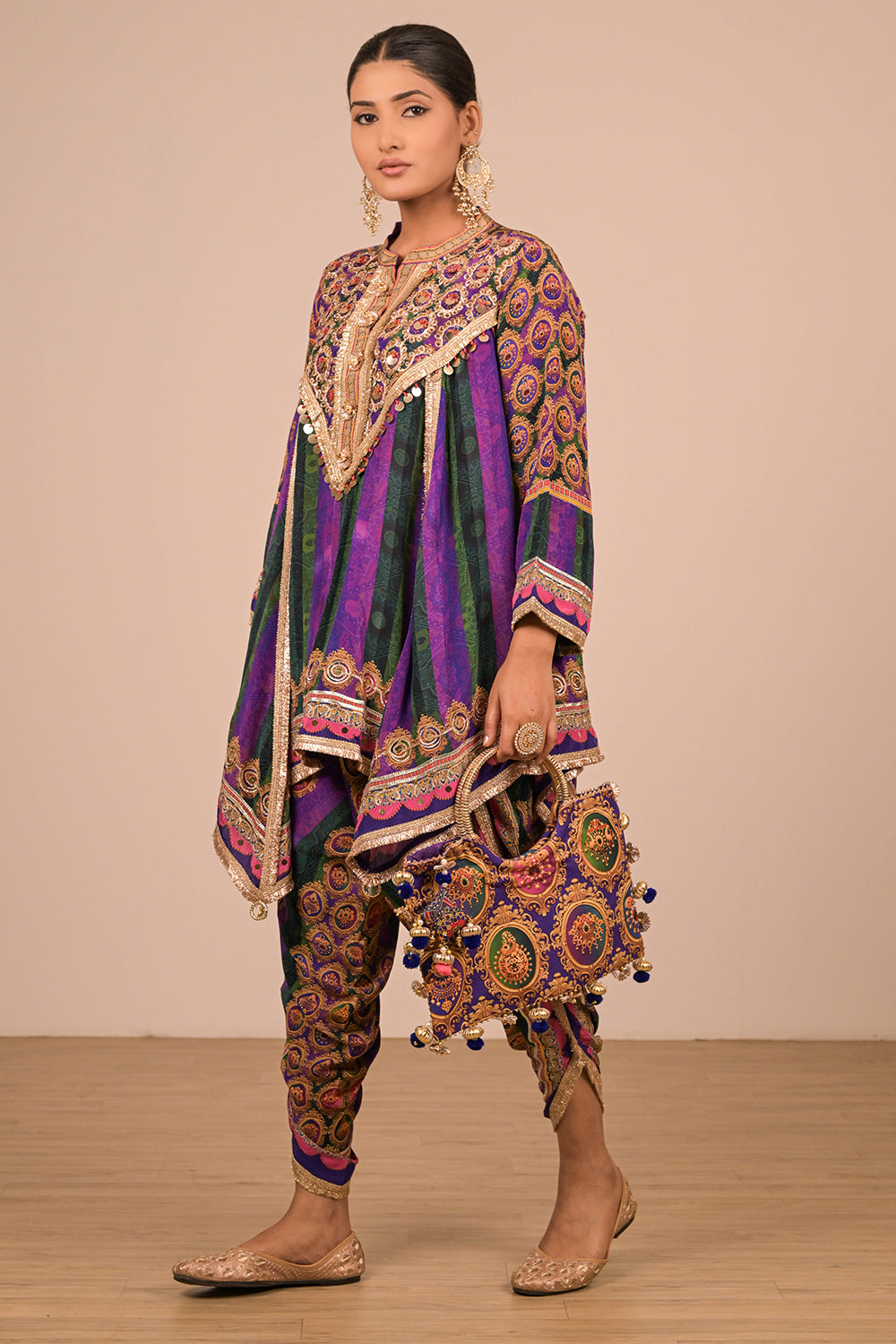 Purple Crepe Suit with Tulip Pant, Mirror Embroidery with Canvas Tote Bag