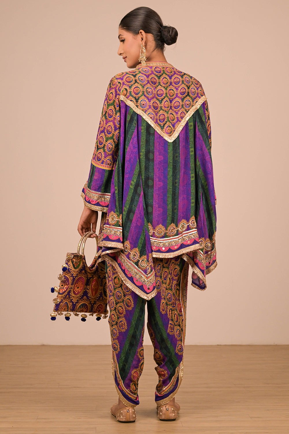 Purple Viscose Crepe Suit with Tulip Pants & Mirror Work