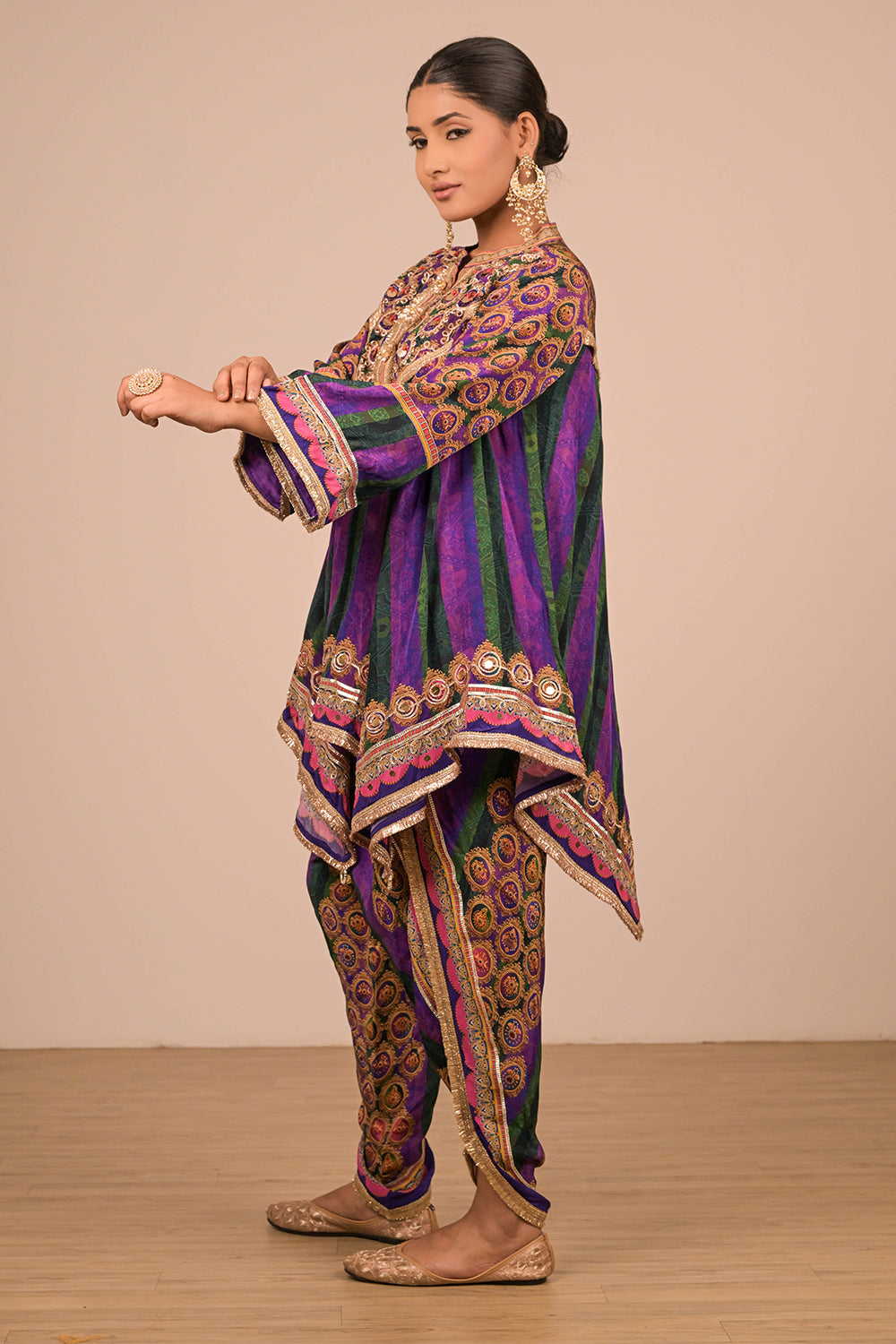 Purple Viscose Crepe Suit with Tulip Pants & Mirror Work