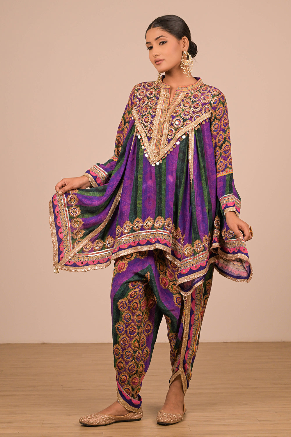 Purple Viscose Crepe Suit with Tulip Pants & Mirror Work