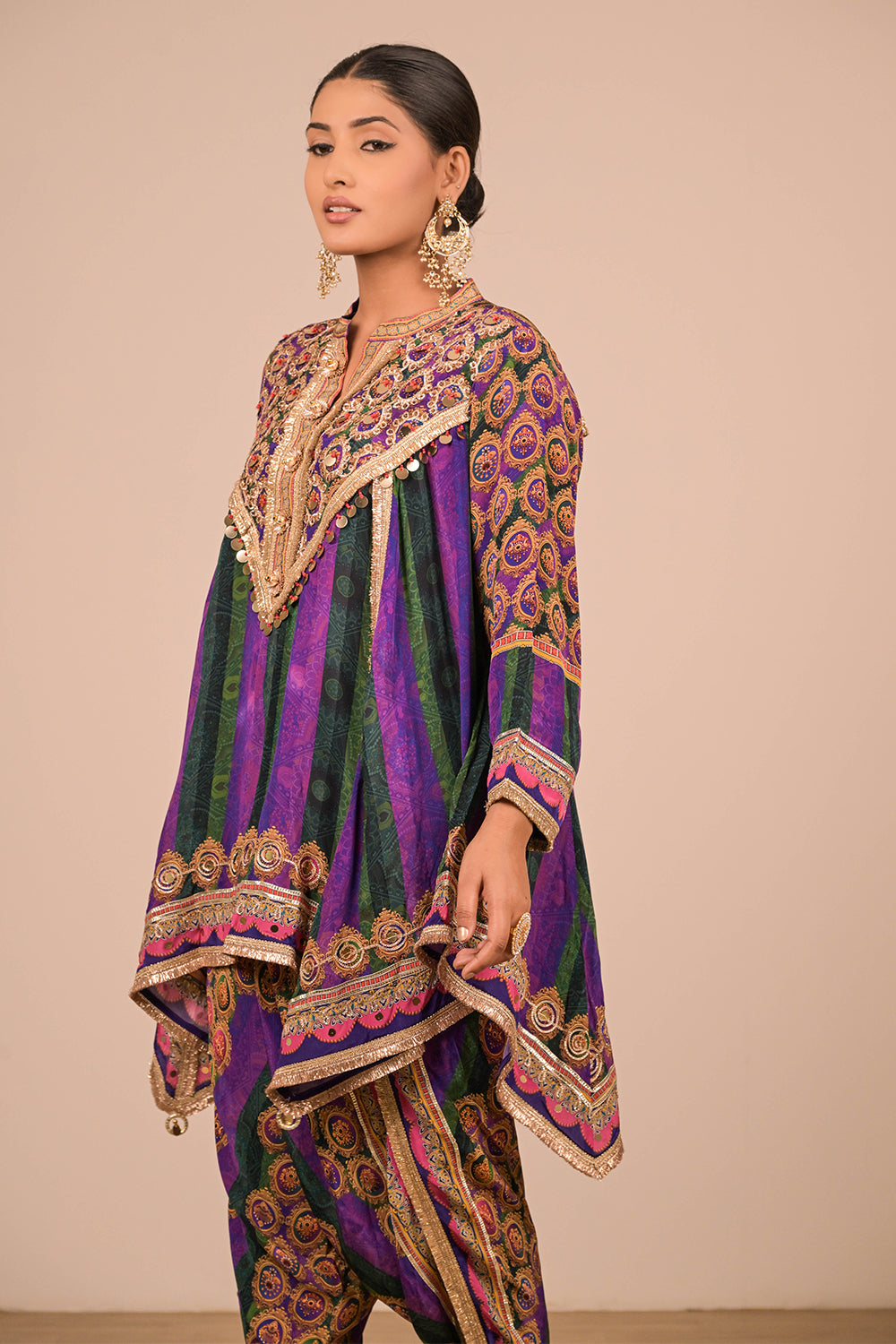 Purple Viscose Crepe Suit with Tulip Pants & Mirror Work