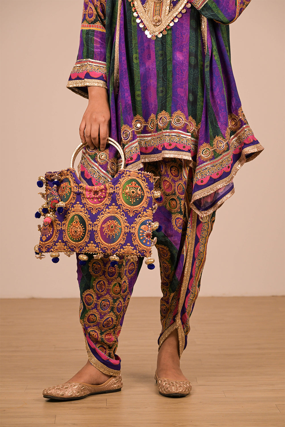 Purple Viscose Crepe Suit with Tulip Pants & Mirror Work