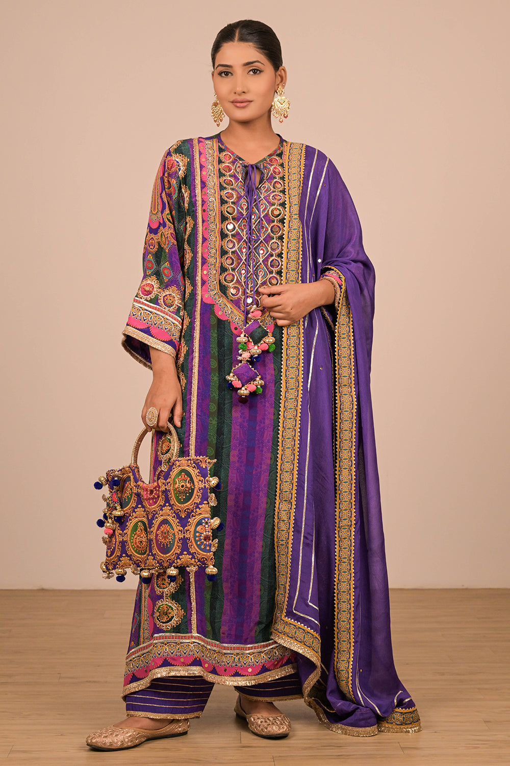 Purple A-Line Viscose Crepe Suit with Dupatta & Tote Bag