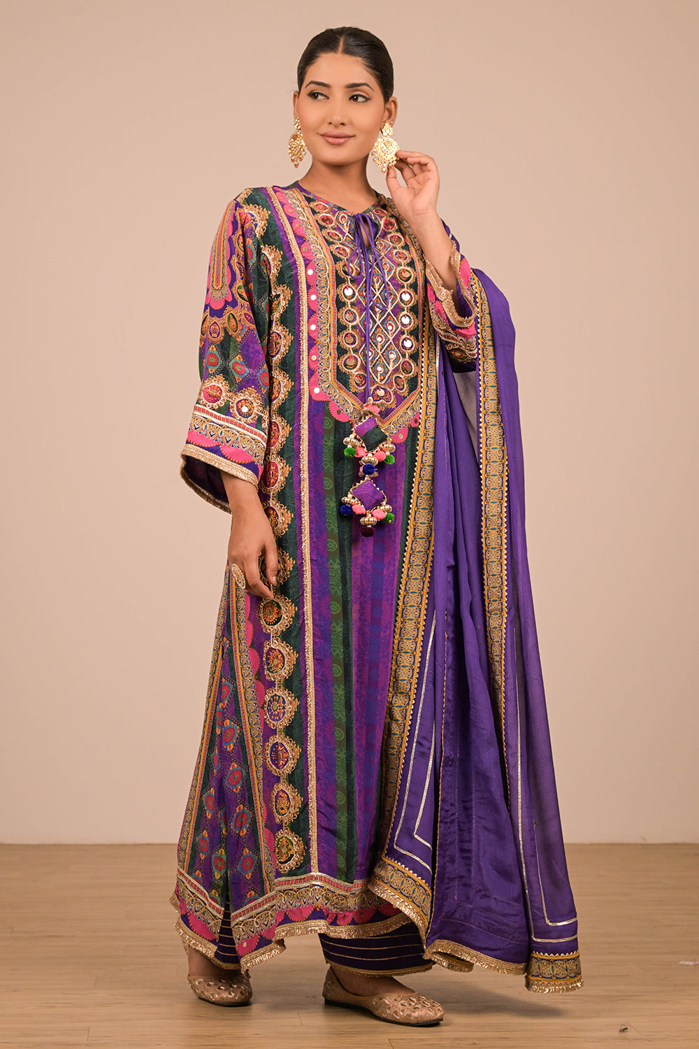 Purple A-Line Viscose Crepe Suit with Dupatta & Tote Bag