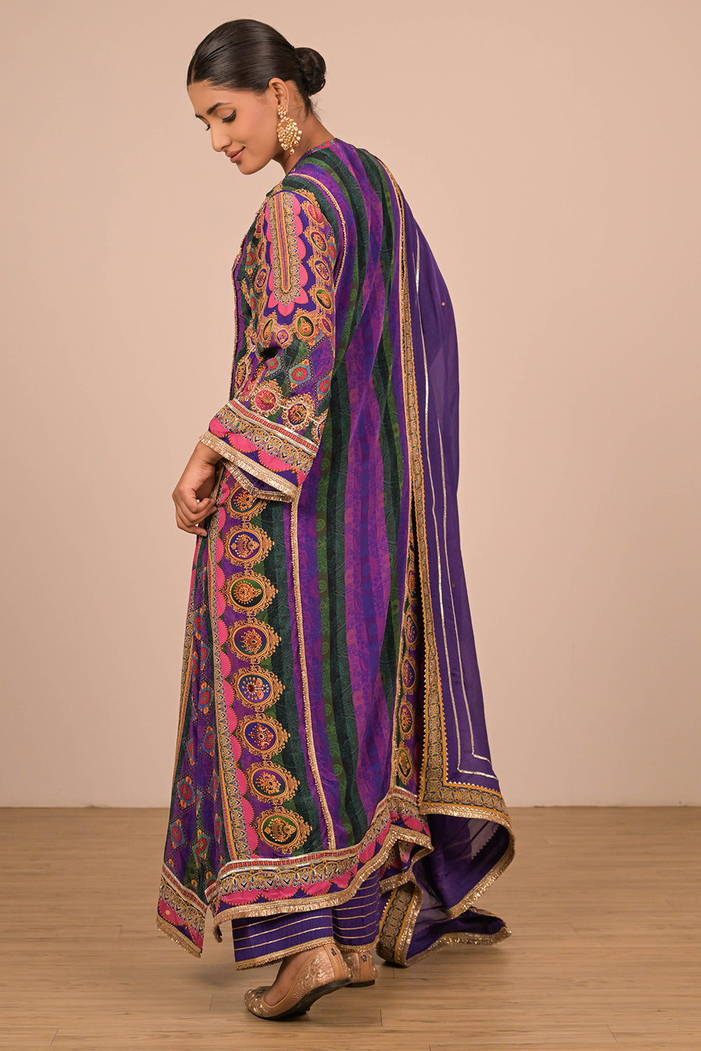 Purple A-Line Viscose Crepe Suit with Dupatta & Tote Bag