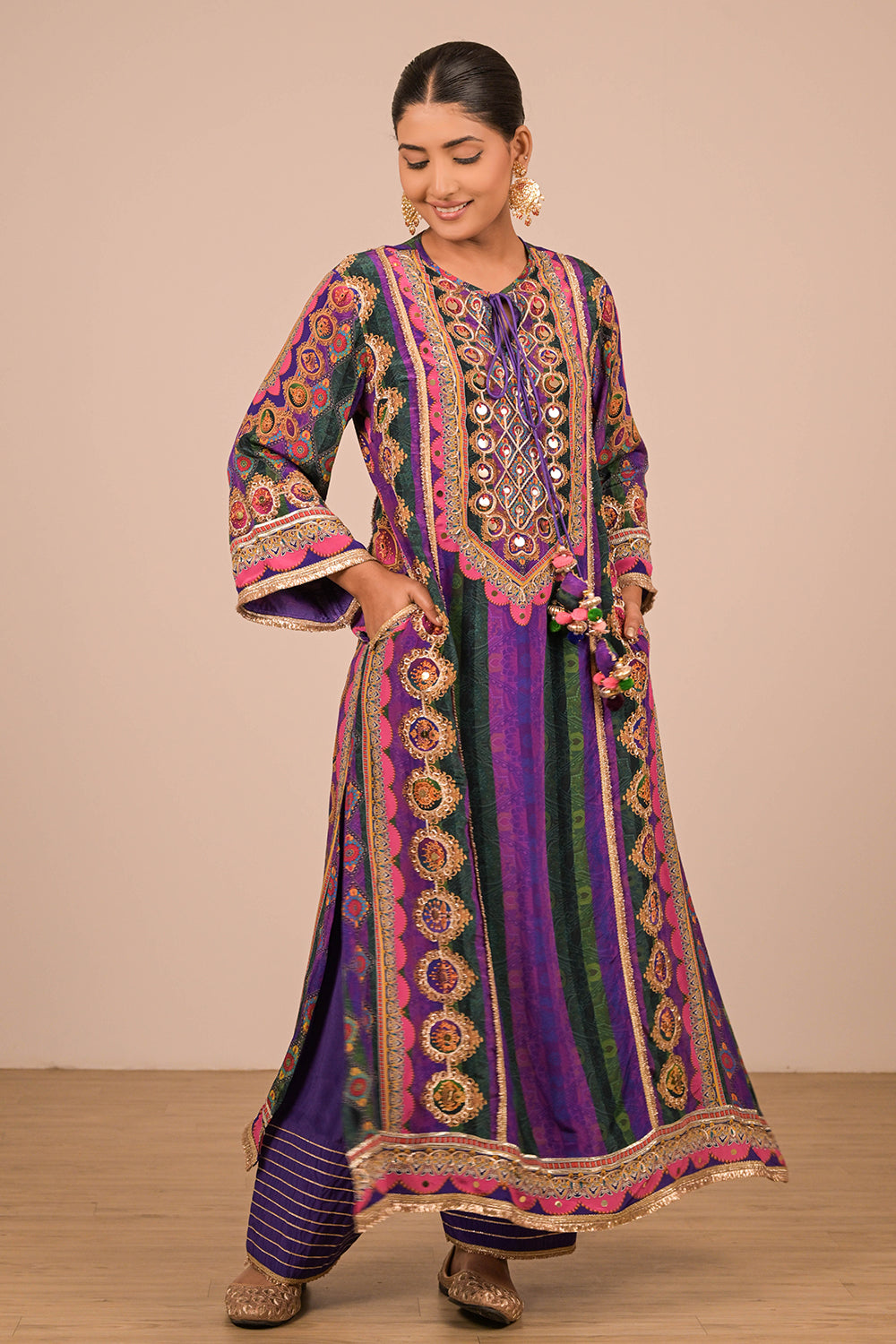 Purple A-Line Viscose Crepe Suit with Dupatta & Tote Bag