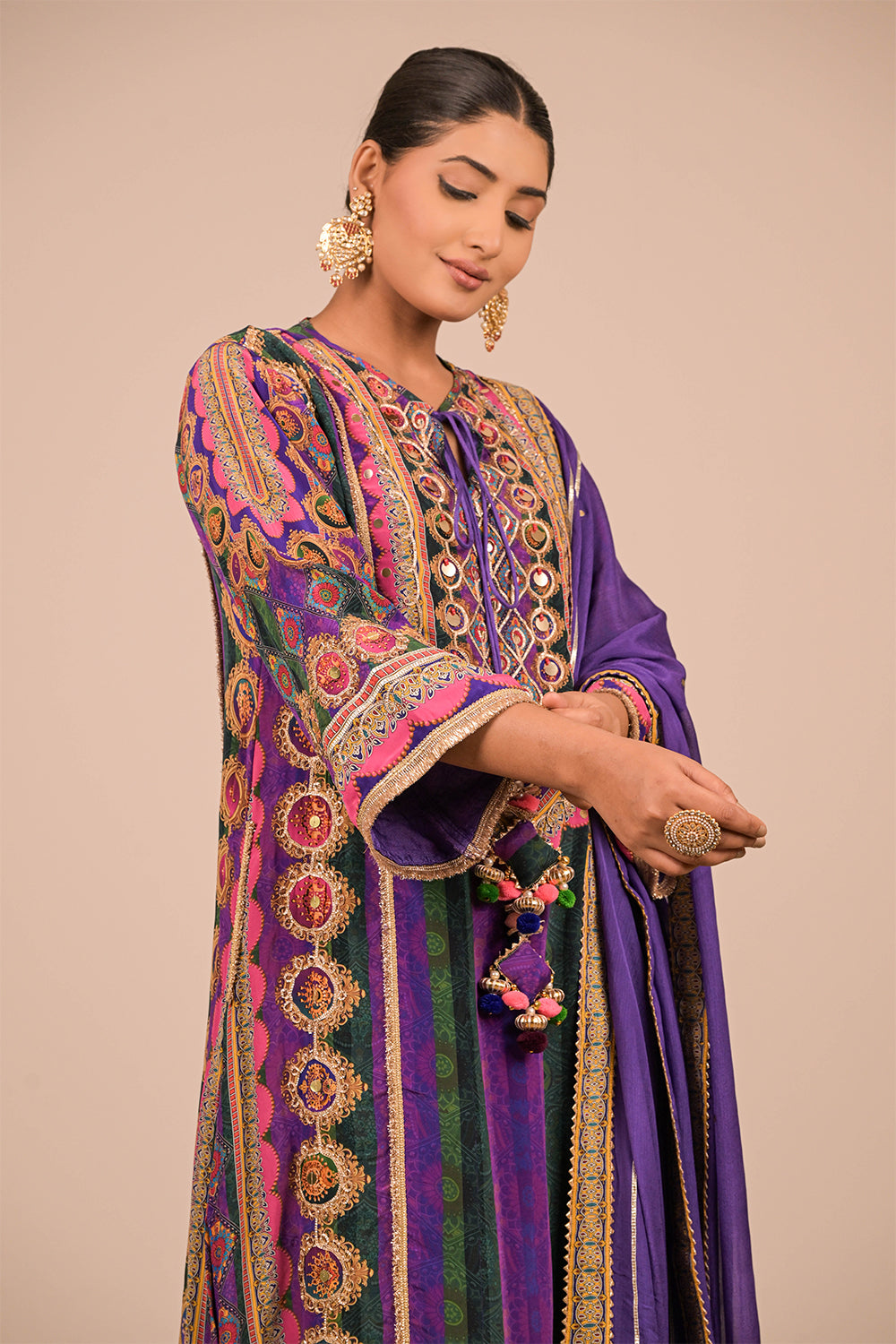 Purple A-Line Viscose Crepe Suit with Dupatta & Tote Bag