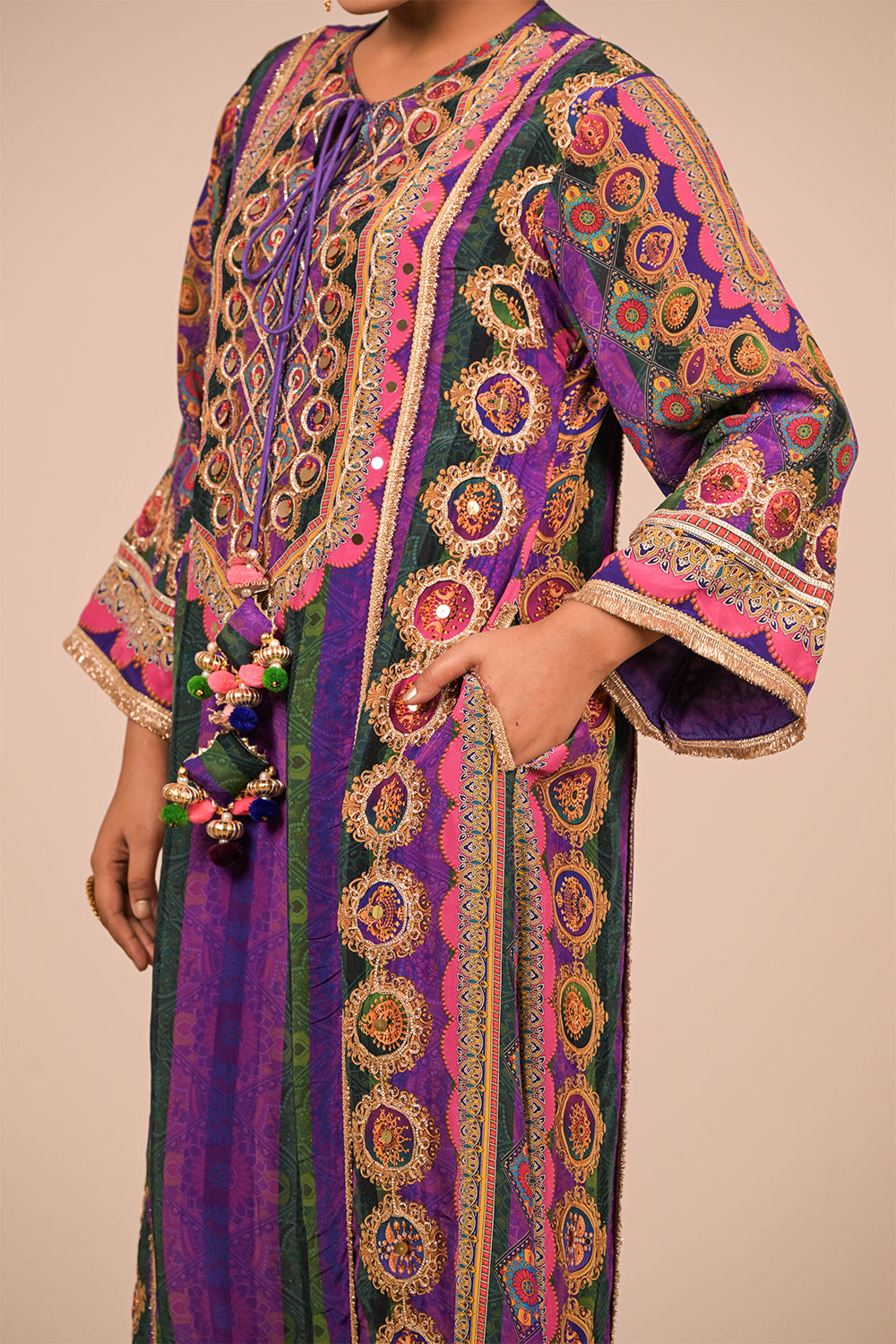 Purple A-Line Viscose Crepe Suit with Dupatta & Tote Bag