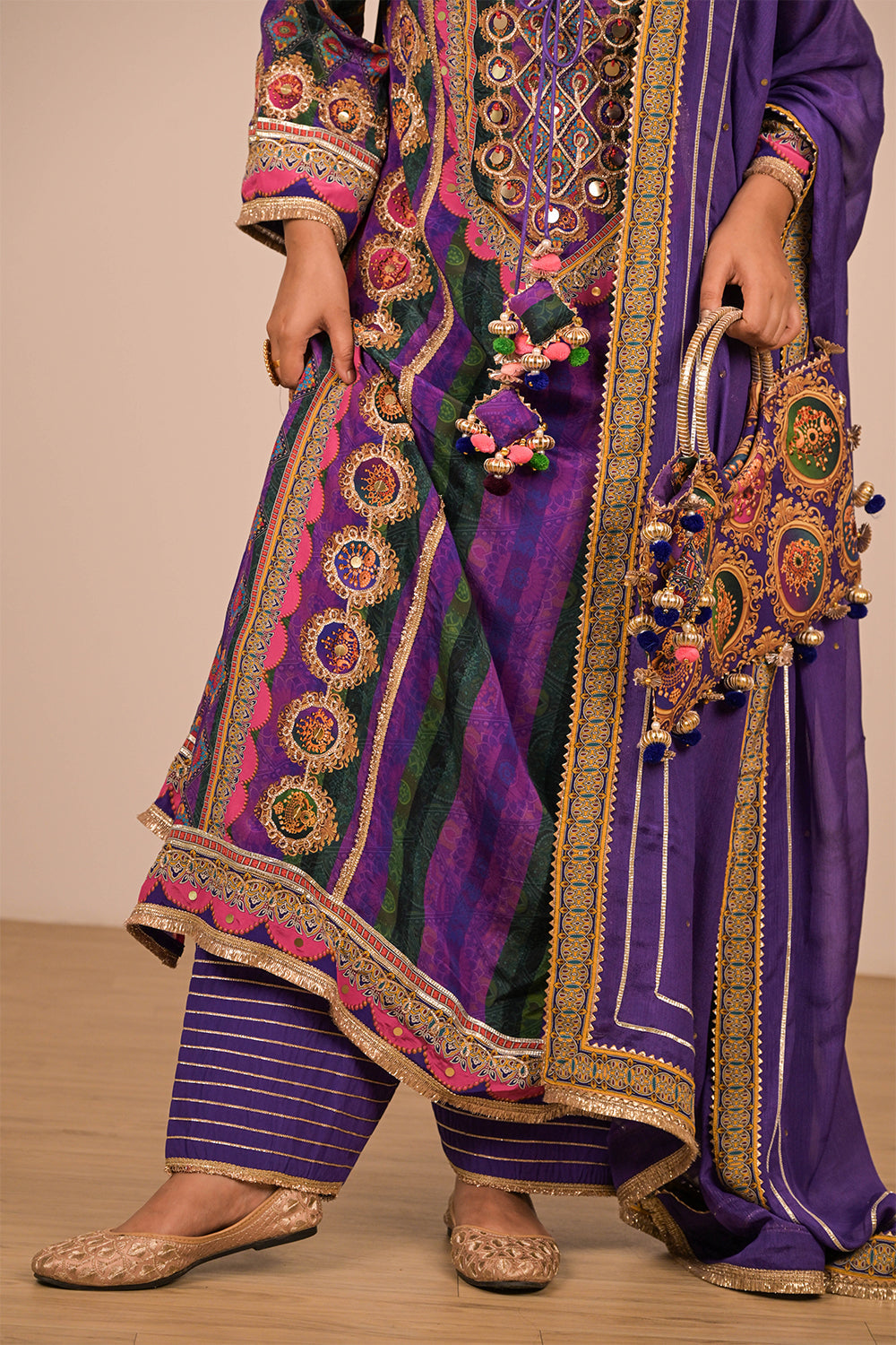 Purple A-Line Viscose Crepe Suit with Dupatta & Tote Bag