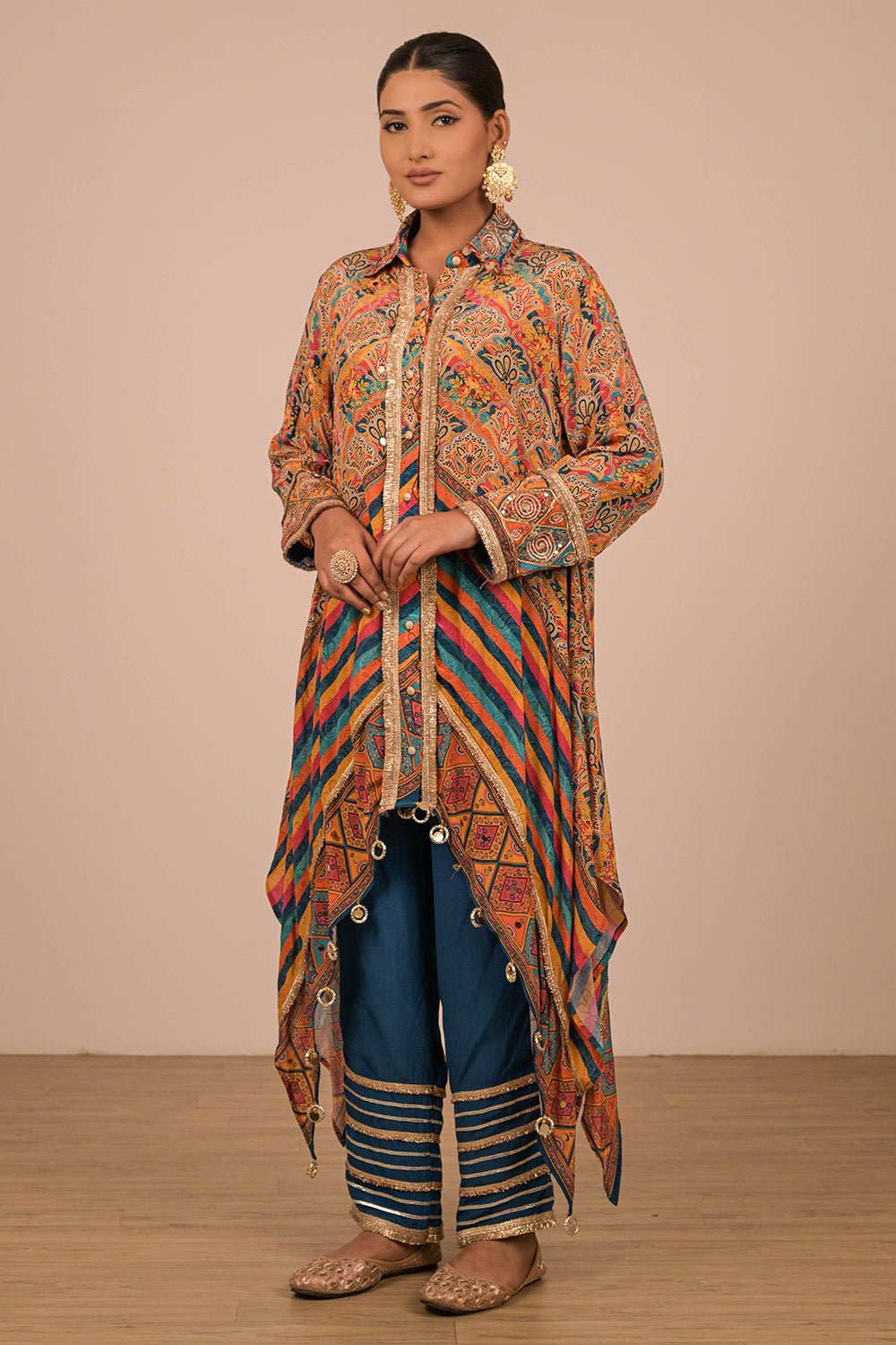 Sapphire Blue Asymmetrical Kurta Set  In Crepe Fabric with Canvas Tote Bag