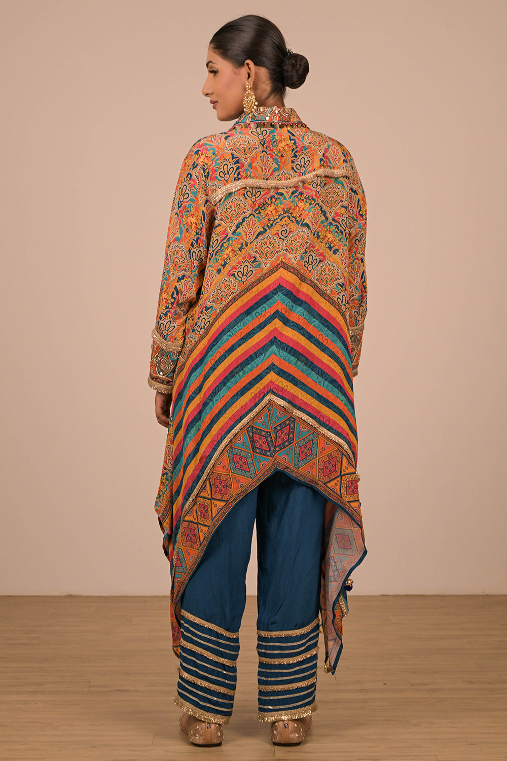 Sapphire Blue Asymmetrical Kurta Set  In Crepe Fabric with Canvas Tote Bag