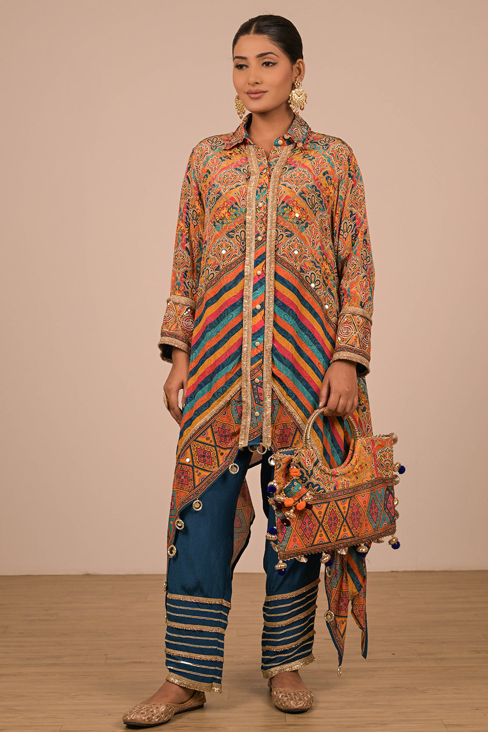 Sapphire Blue Asymmetrical Kurta Set  In Crepe Fabric with Canvas Tote Bag