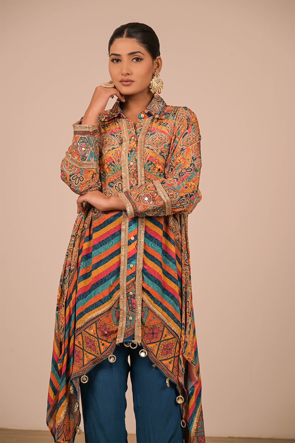 Sapphire Blue Asymmetrical Kurta Set  In Crepe Fabric with Canvas Tote Bag