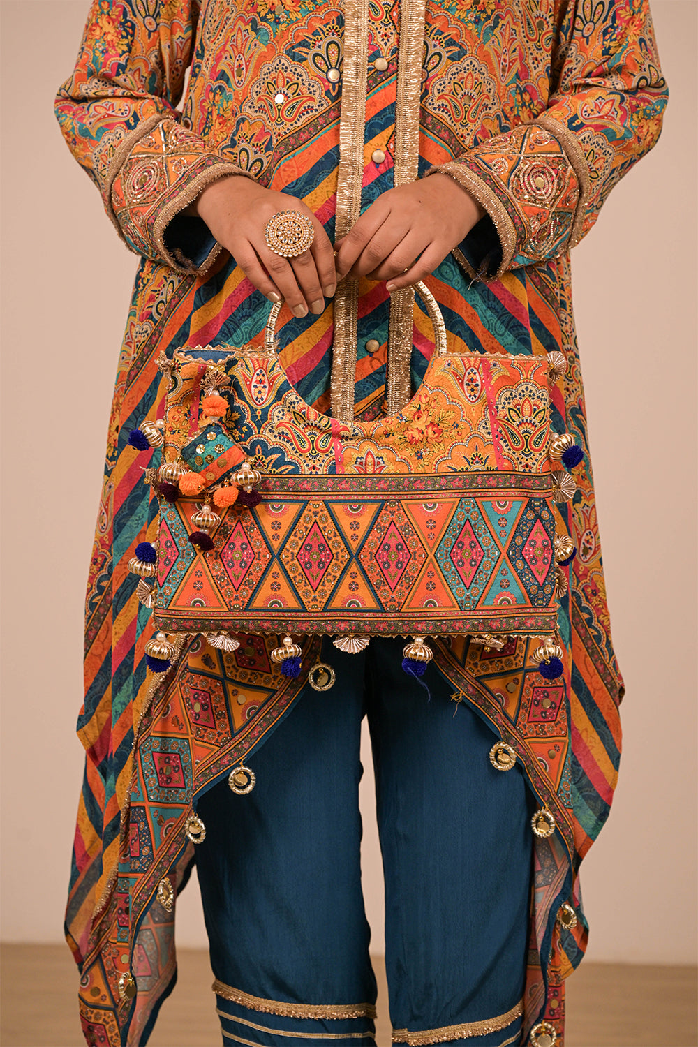 Sapphire Blue Asymmetrical Kurta Set  In Crepe Fabric with Canvas Tote Bag