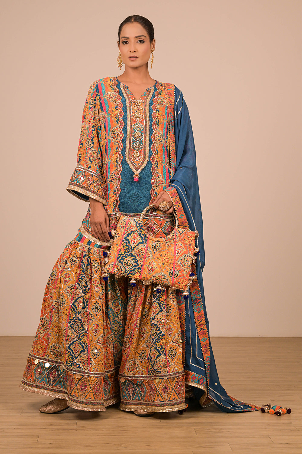 Sapphire Blue Crepe Sharara Set with Designer Tote Bag