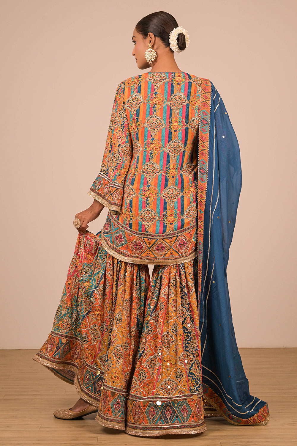 Sapphire Blue Crepe Sharara Set with Designer Tote Bag