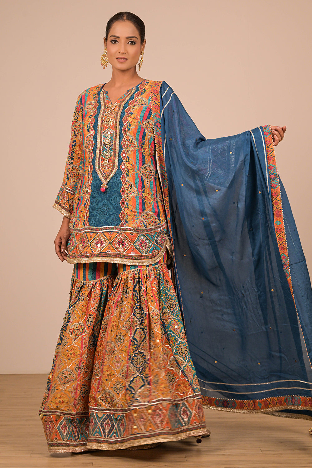 Sapphire Blue Crepe Sharara Set with Designer Tote Bag