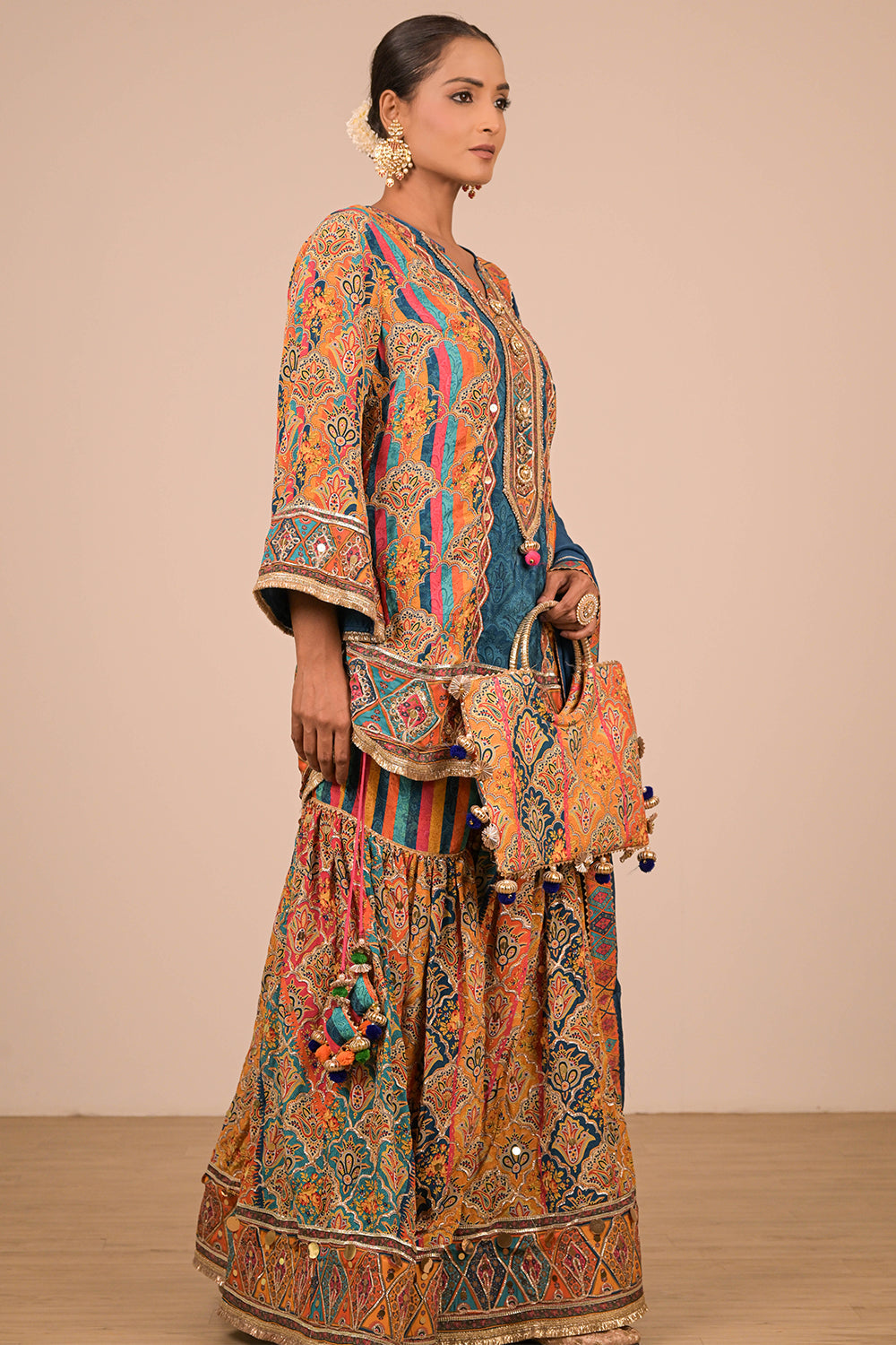 Sapphire Blue Crepe Sharara Set with Designer Tote Bag