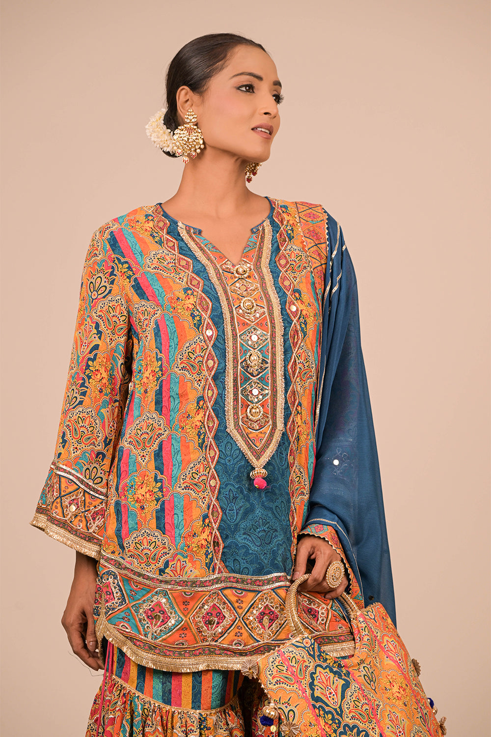 Sapphire Blue Crepe Sharara Set with Designer Tote Bag