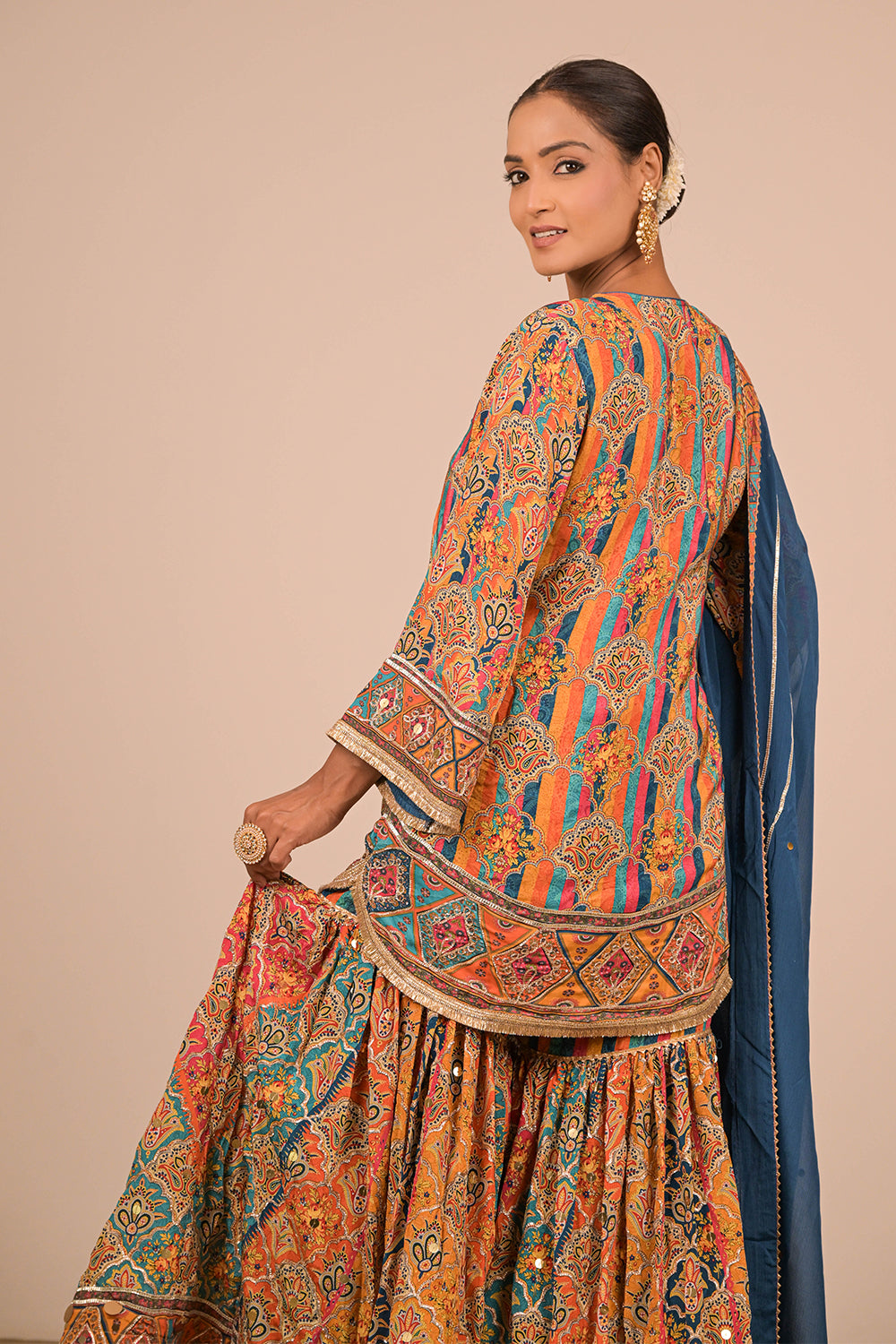 Sapphire Blue Crepe Sharara Set with Designer Tote Bag