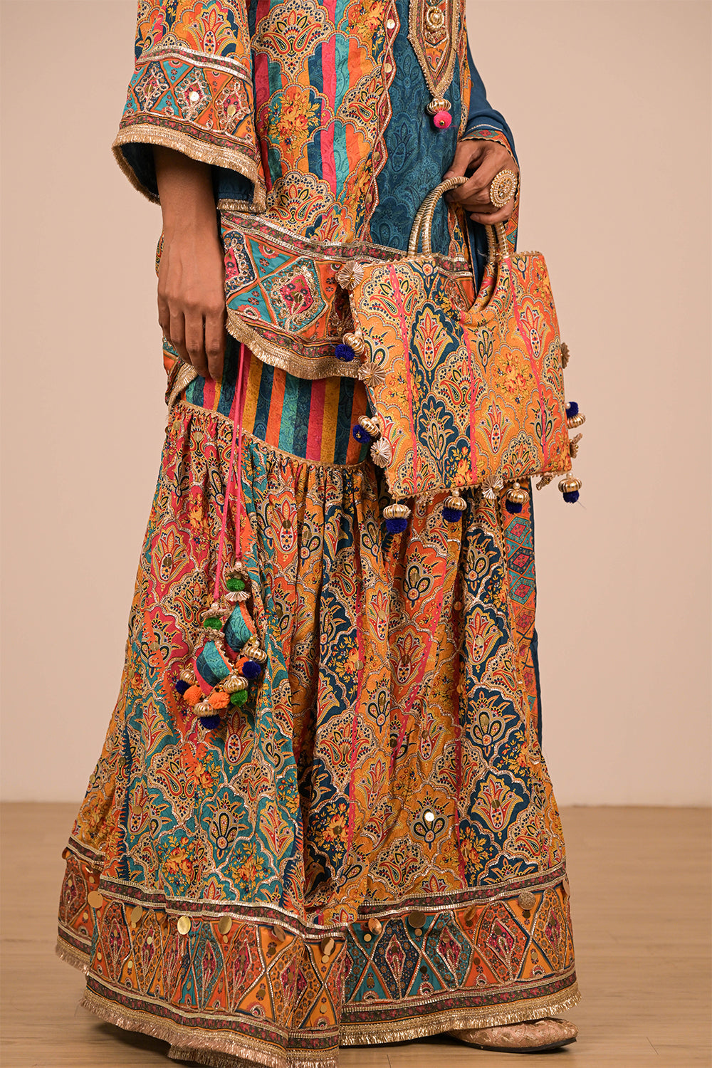 Sapphire Blue Crepe Sharara Set with Designer Tote Bag