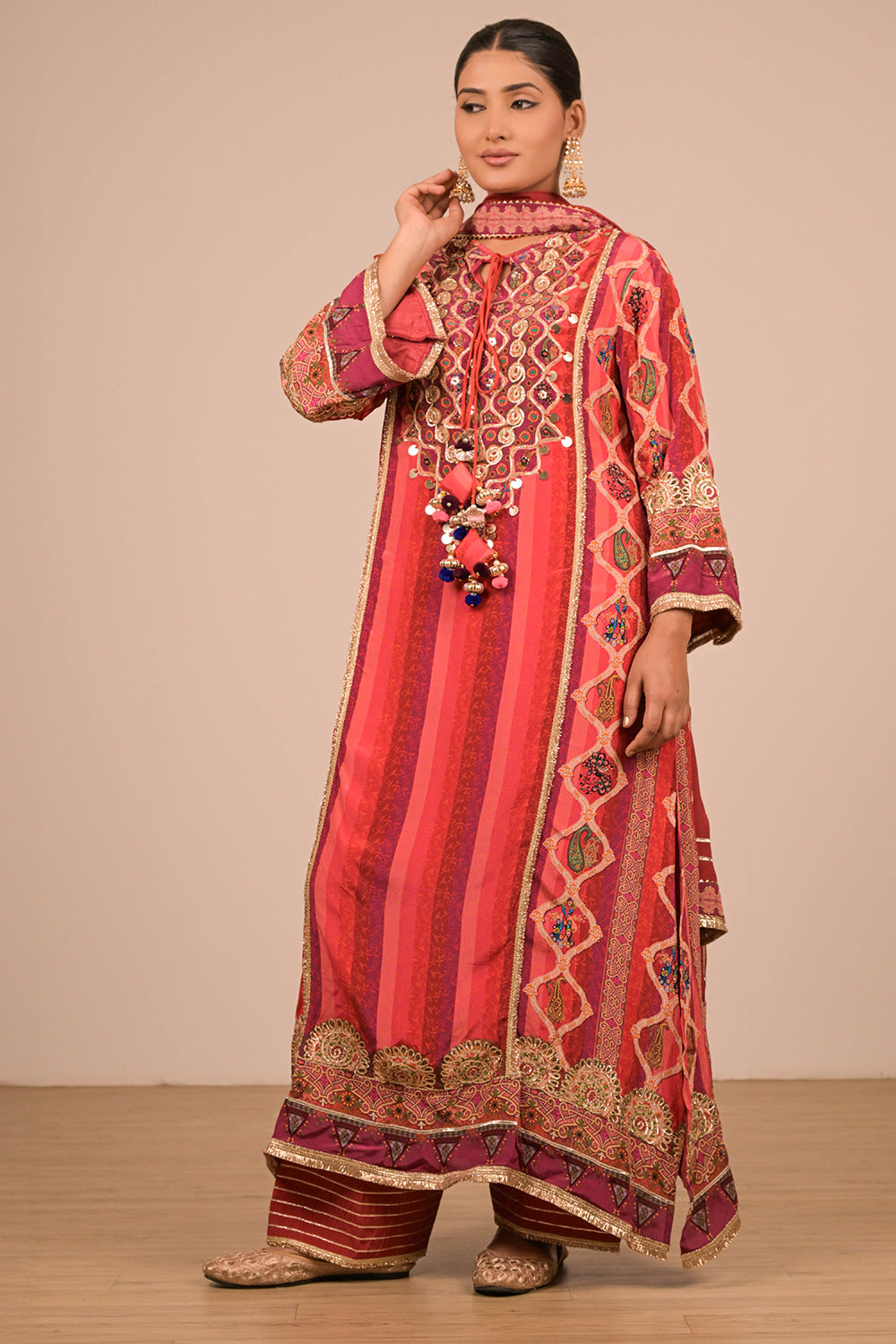 Vibrant Persian Red A-Line Suit In Crepe with Dupatta & Canvas Tote Bag