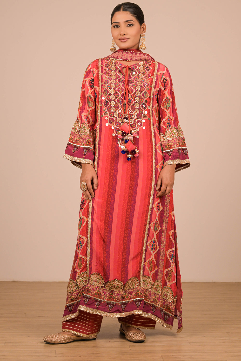 Vibrant Persian Red A-Line Suit In Crepe with Dupatta & Canvas Tote Bag