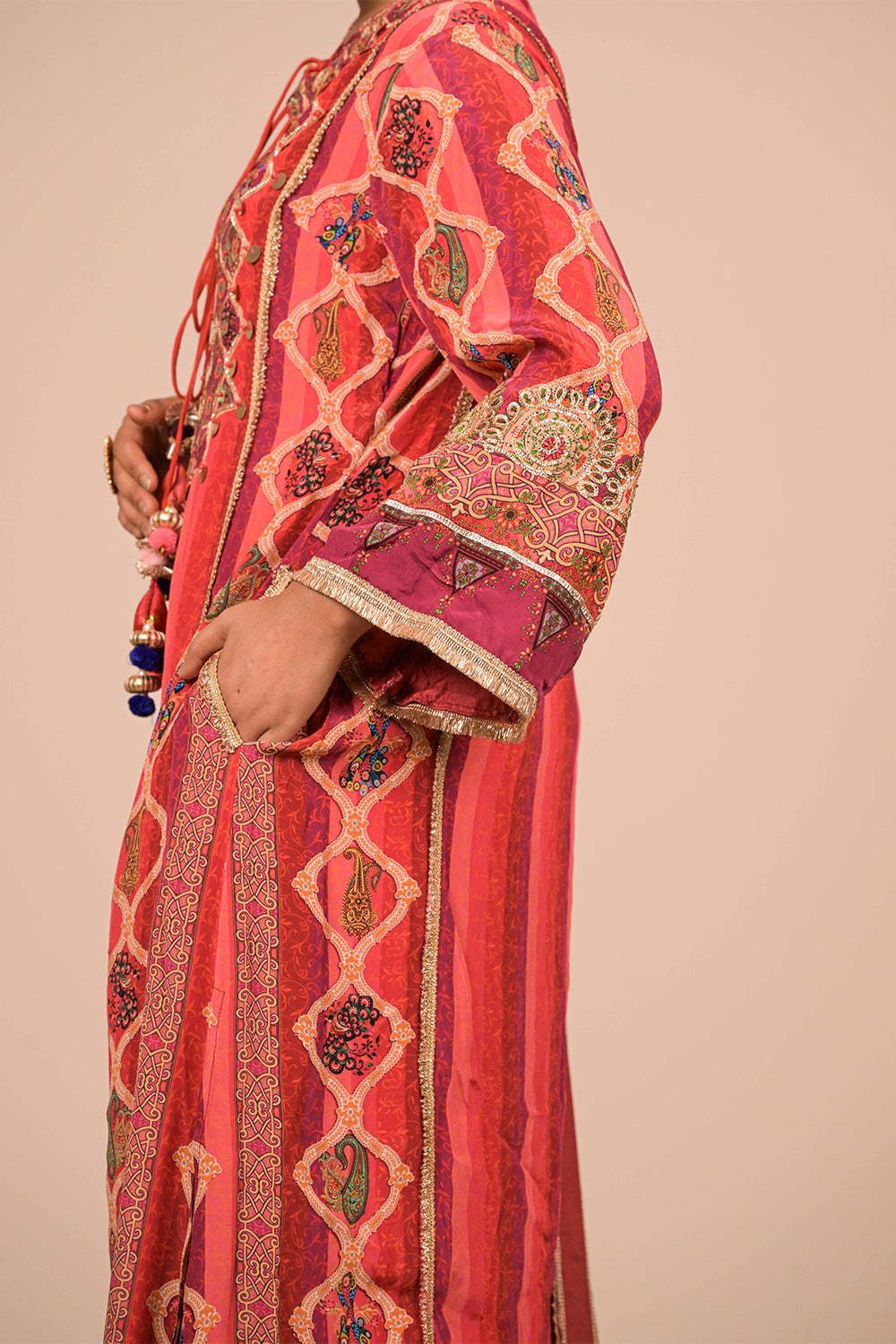 Vibrant Persian Red Crepe A-Line Suit with Festive Tote Bag