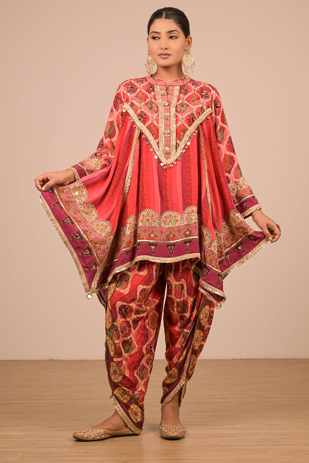 Persian Red Crepe Suit Set with Tulip Pants & Embroidered Potli