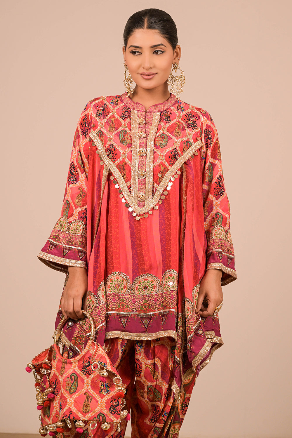 Vibrant Persian Red Crepe Suit Set with Tulip Pants and Heavy Embroidered Potli Bag