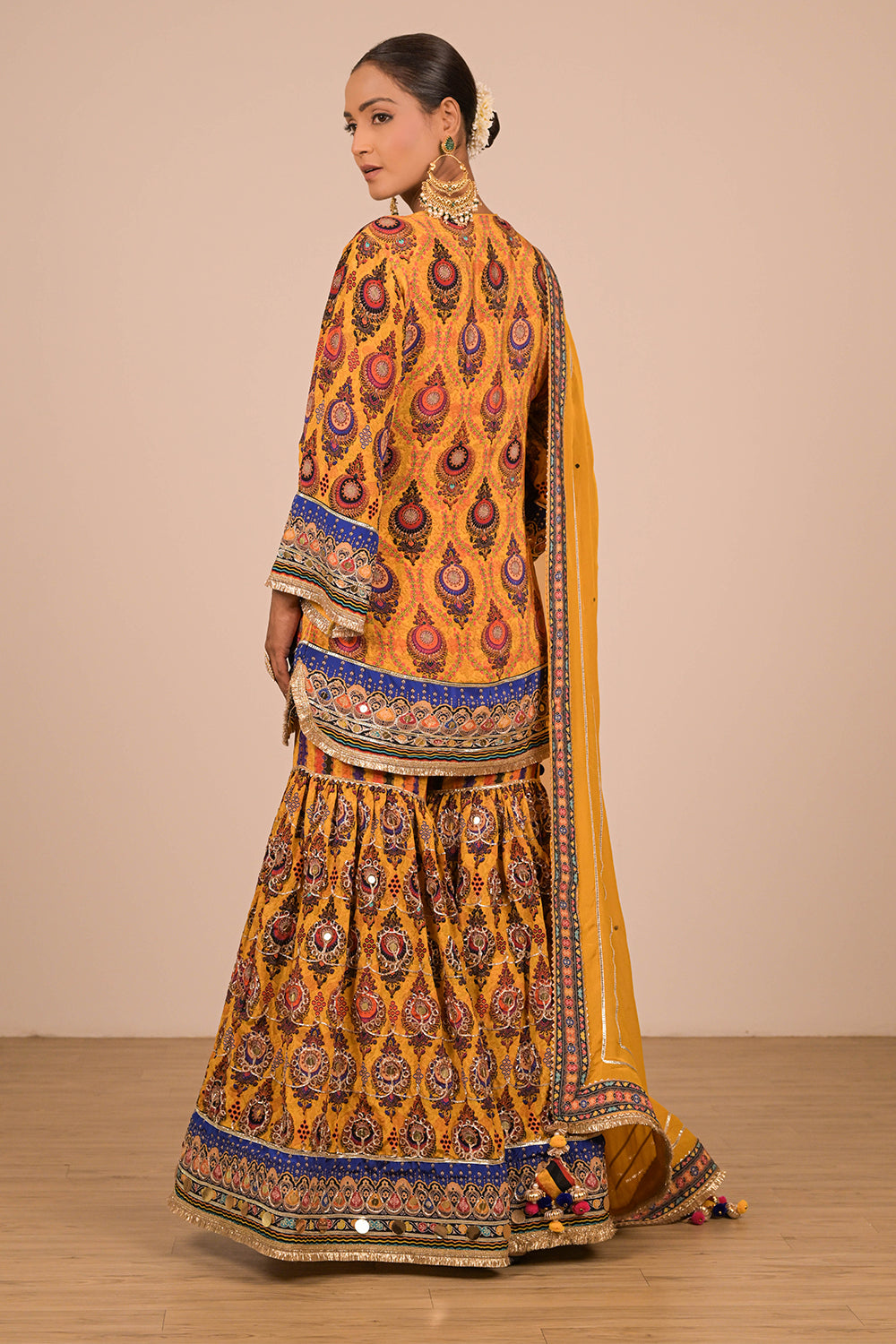 Yellow Crepe Sharara Set with Canvas Tote Bag with Vibrant Print Motifs