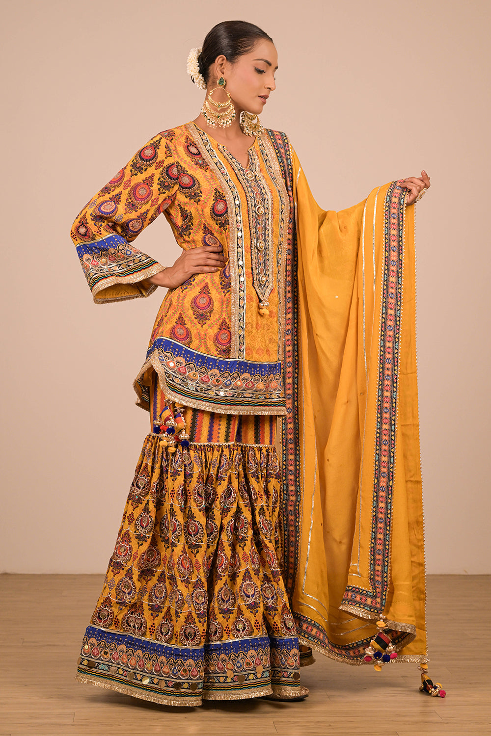 Yellow Crepe Sharara Set with Canvas Tote Bag with Vibrant Print Motifs